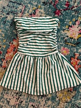 Green and White Striped Strapless Dress